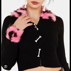 Dolls Kill Black Cardigan with Pink Fur Trim and Bone Buttons